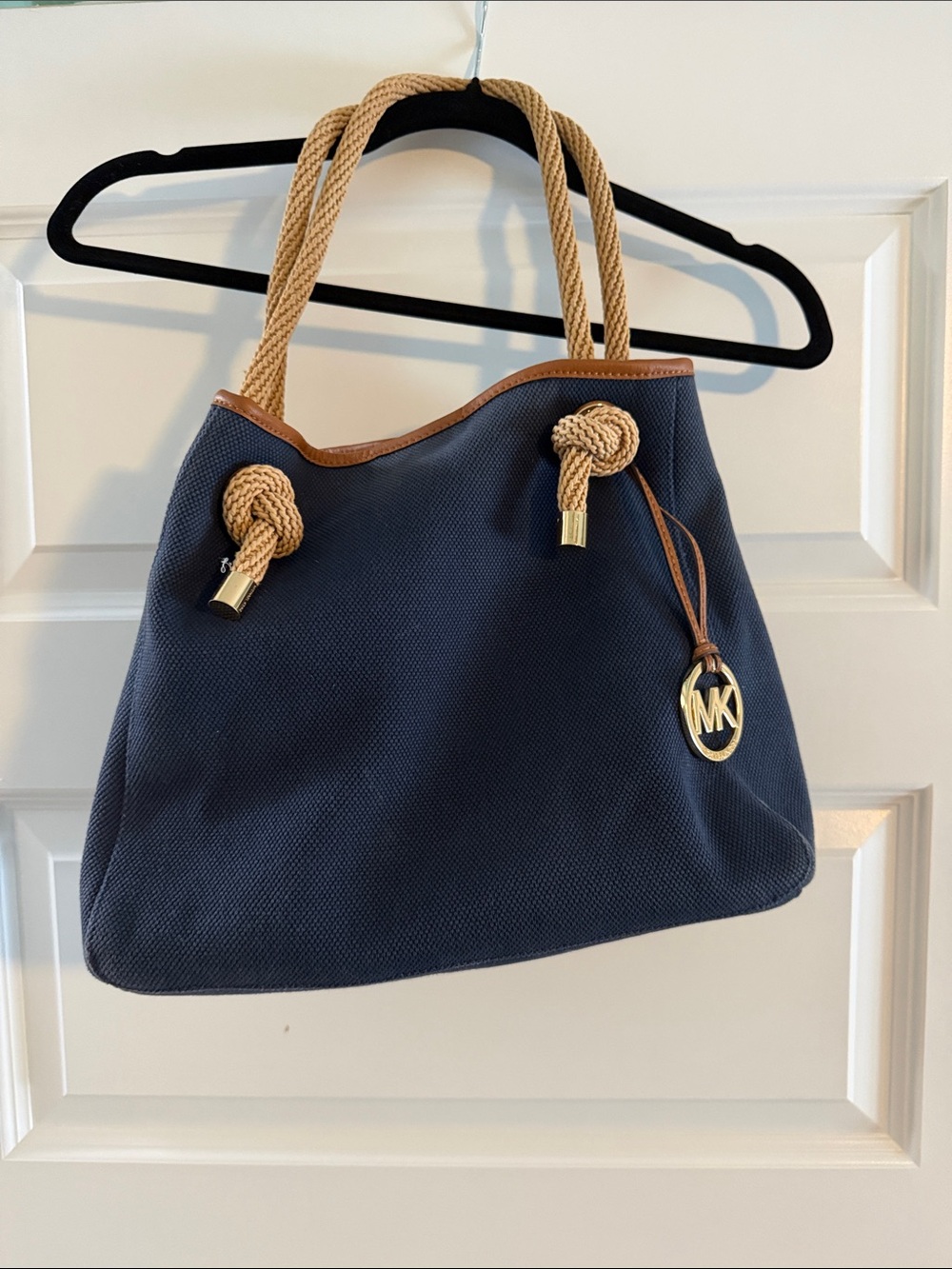 Michael Kors Navy Tote with Rope Handles and Gold MK Charm